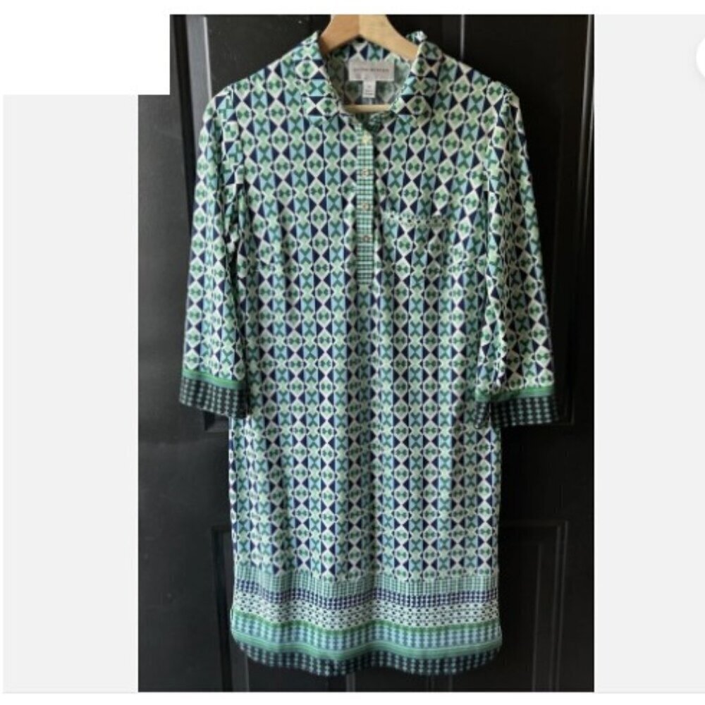 DONNA MORGAN Work Dress Green/Blue Print Collar Summer Stretch 3/4 Sleeve Size 8 - Picture 3 of 6
